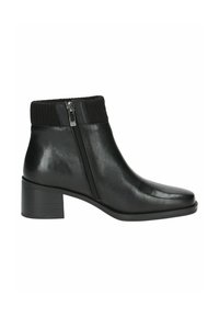 Botas tobilleras negras de cuero brillante con un puño de punto acanalado, detalle de cremallera lateral y un tacón de bloque de altura media. Textura suave y forma estilizada.