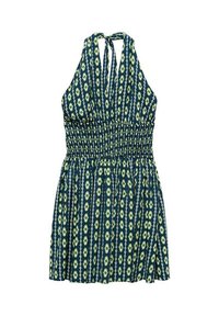 Abito a halterneck di colore blu scuro con motivi floreali e geometrici verdi. Vita smock, lunghezza al ginocchio, tessuto leggero. Legature al collo.