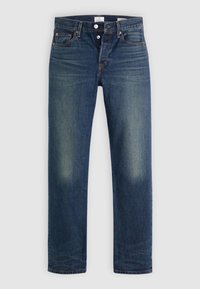 Jean droit bleu foncé avec légère décoloration sur les cuisses et les genoux, fermeture avant par bouton et fermeture éclair, et design à cinq poches.