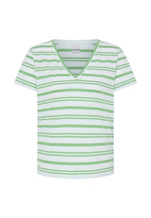 Biele krátke tričko s výstrihom do V a krátkymi rukávmi s horizontálnymi svetlo zelenými pruhmi rôznej hrúbky.
