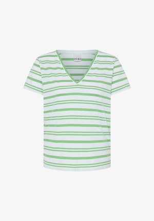 Tricou alb cu mâneci scurte și decolteu în V, cu dungi orizontale verde deschis de grosimi variate.
