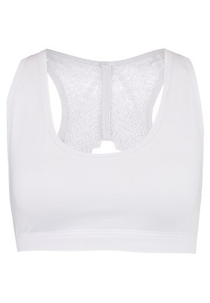 Witte sportbeha met een gladde voorkant, racerback ontwerp met kantdetails en een zachte textuur voor comfort.