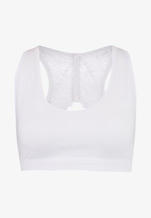 Witte sportbeha met een gladde voorkant, racerback ontwerp met kantdetails en een zachte textuur voor comfort.