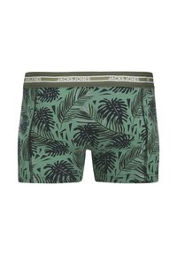 Green cloth boxer shorts with a black tropical leaf pattern, featuring a white and olive green JACK & JONES elastic waistband.