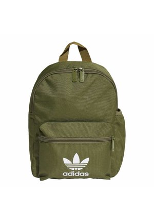 Olivgroene Adidas-rugzak met voorvak met rits, dubbel ritssluiting hoofdvak, zijvak en bovenste draaghandvat.