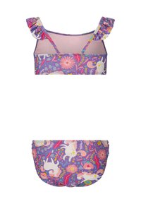 Zweiteiliger Badeanzug mit einem lila Blumenmuster und Einhörnern, Rüschenträgern und glattem Stoff. Beinhaltet ein Bralette-Top und einen passenden Bikiniunterteil.