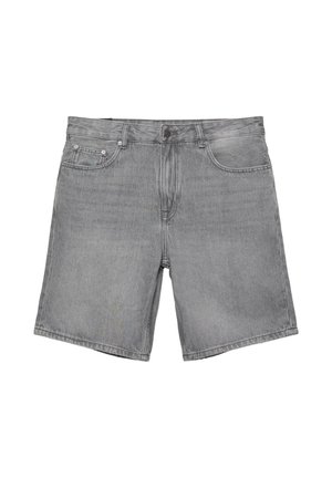 Pantaloncini in denim grigio con bottone frontale, cerniera, passanti per cintura e design a cinque tasche posati su sfondo bianco.