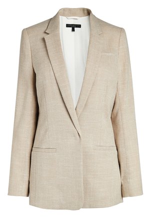 Blazer beige para mujer, confeccionado a medida, con solapas con muesca, dos bolsillos delanteros y cierre de un solo botón, hecho de tela texturizada.