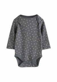 Grau langärmliger Overall aus weichem Material, mit einem rosa Blumenmuster, Druckknöpfen am Boden und einem runden Ausschnitt.