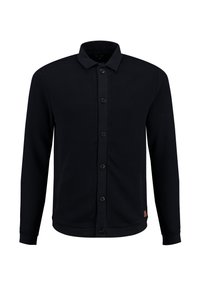 Marineblauwe button-up jas gemaakt van een geweven stof, met een kraag, lange mouwen en twee voorzakken. Geaccentueerd met donkere knopen.