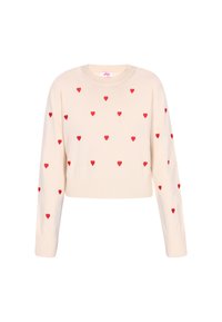Maglione cropped beige con maniche lunghe, caratterizzato da un motivo di cuori rossi su tutta la superficie. Realizzato in morbido materiale lavorato a maglia con orlo a coste.