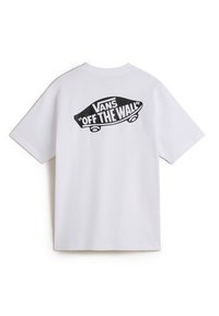 Weißes Baumwoll-T-Shirt mit einem großen schwarzen „Vans 'OFF THE WALL'“-Grafikdruck auf dem Rücken. Kurze Ärmel und eine lockere Passform.