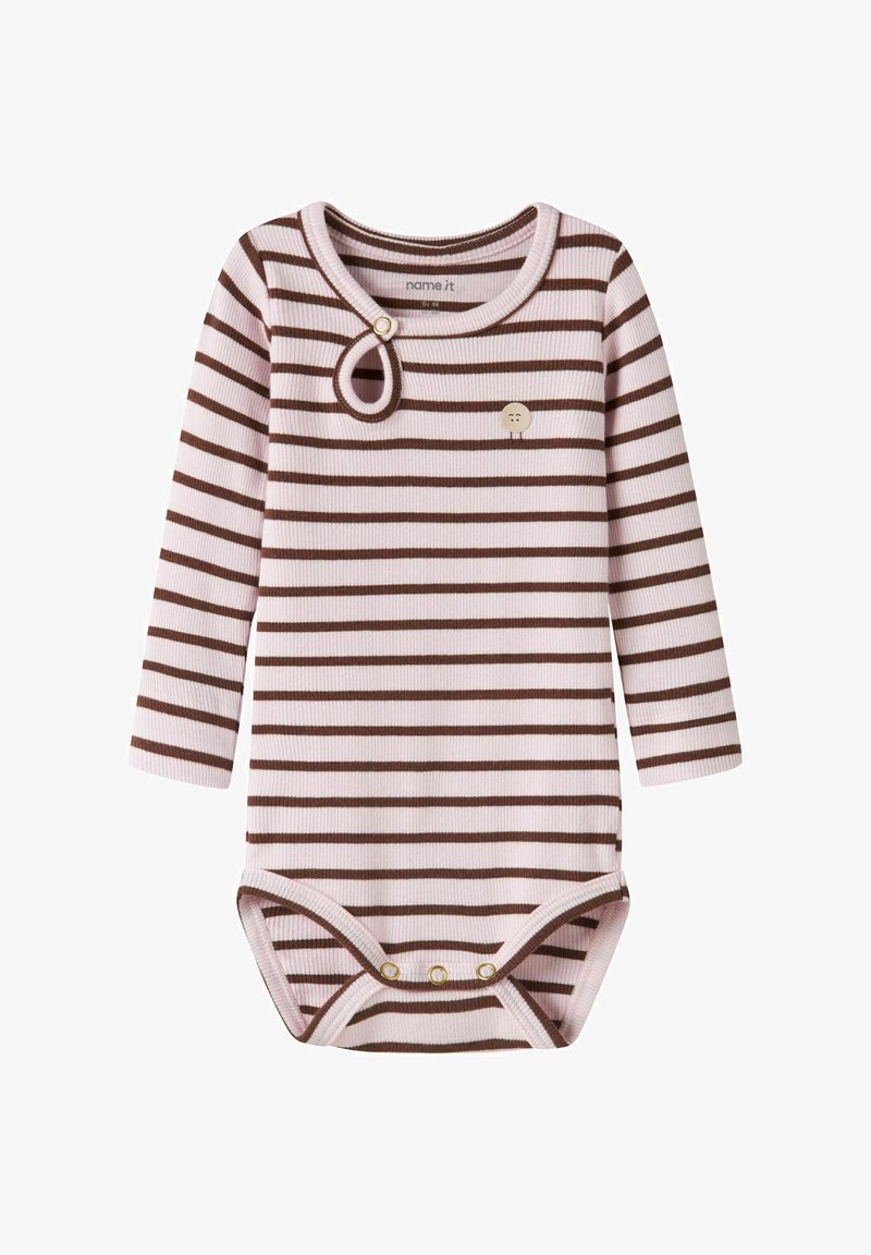 Body bébé manches longues avec rayures horizontales roses et marron, boucle de col boutonnée et trois boutons-pression à l'entrejambe.