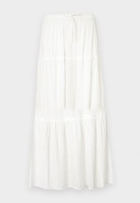 Jupe maxi blanche avec un design à étages, taille élastique et cordon de serrage. Fabriquée en tissu léger avec une finition texturée.