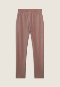 Pantaloni in corduroy a costine, aderenti e di un morbido colore rosa polveroso. Presentano una vita elasticizzata per il massimo comfort e una superficie liscia.
