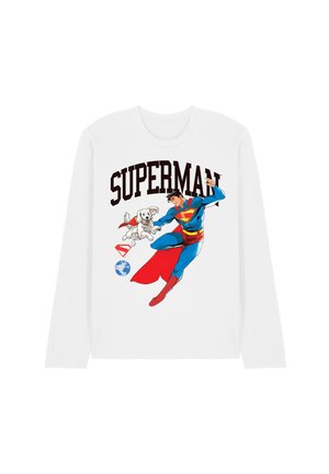 Weißes Langarmhemd mit Superman, der neben einem kleinen Hund mit rotem Umhang fliegt, mit dem Wort "SUPERMAN" über ihnen.