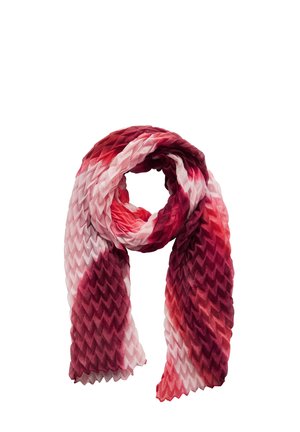 Faltender Schal in Farbverlaufstufen von Rot und Pink, aus einem leichten Stoff hergestellt. Verfügt über ein Zickzackmuster mit einer sanften Textur.