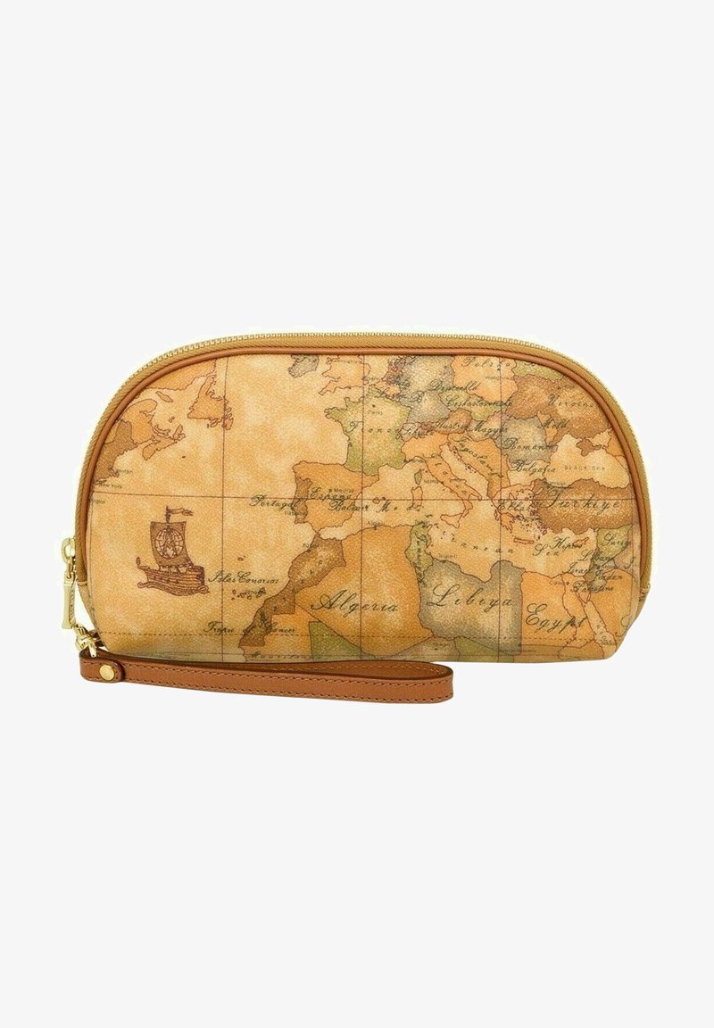 Borsetta con zip dal design di una mappa vintage in tonalità marrone e beige, dotata di un cinturino da polso e una texture liscia simile alla pelle.