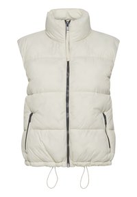 Vadderad ärmlös väst i ljus grädde, med hög krage, två framtill placerade dragkedjefickor och en svart dragkedjestängning. Dragsko i nederkant.