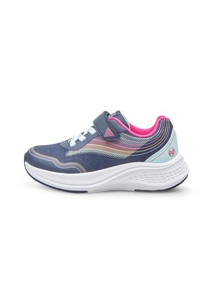 Scarpa da sport con tomaia blu navy, dettagli rosa, suola bianca e chiusura a strappo. Presenta un motivo testurizzato e un design imbottito per il comfort.