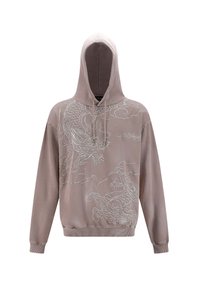 Felpa con cappuccio in morbido tessuto beige con un intricato ricamo bianco di drago sul fronte, dotata di tasca a marsupio e polsini a costine.