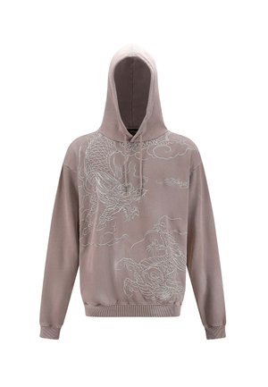 Felpa con cappuccio in morbido tessuto beige con un intricato ricamo bianco di drago sul fronte, dotata di tasca a marsupio e polsini a costine.
