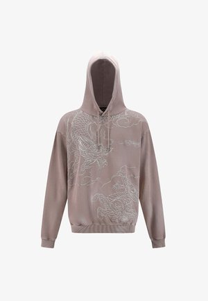 Kapuzensweatshirt aus weichem beigen Stoff mit aufwendiger weißer Drachenstickerei auf der Vorderseite, ausgestattet mit einer Kängurutasche und gerippten Bündchen.