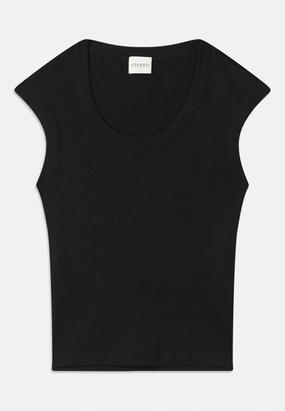Black sleeveless top made of soft fabric with a rounded neckline and fitted shape. Features a tag labeled "CLOSED" at the neck.