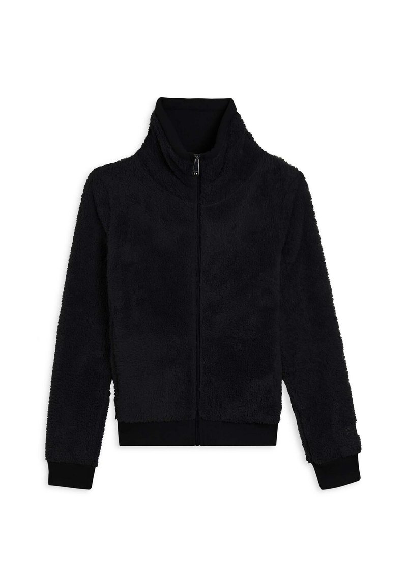 Giacca in pile nera con colletto alto, zip frontale completa e polsini a coste. Tessuto morbido e strutturato con un design cropped. Senza motivi né accenti.