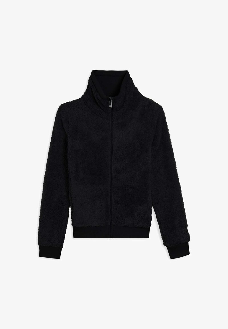 Giacca in pile nera con colletto alto, zip frontale completa e polsini a coste. Tessuto morbido e strutturato con un design cropped. Senza motivi né accenti.