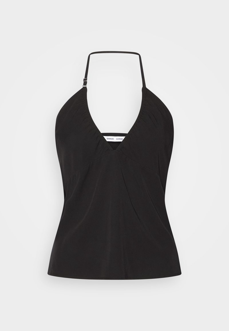 Top noir à encolure halter avec un décolleté en V profond, des détails froncés au niveau de la poitrine et un tissu lisse et léger.