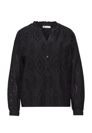 Blusa negra de manga larga con bordado de ojales en forma de diamante, cierre de botones en el frente, cuello fruncido y puños elásticos.