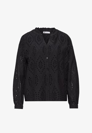 Schwarze Langarmbluse mit diamantförmiger Lochstickerei, Knopfleiste vorne, gerafftem Kragen und elastischen Bündchen.