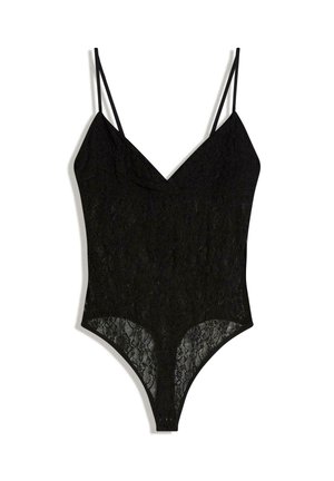 Fekete csipke body vékony, állítható vállpántokkal, V-nyakkivágással és kapcsos záródással az ágyéknál.