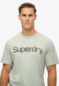 Camiseta de algodón verde claro con mangas cortas y cuello redondo. Presenta un gran logo en gris de "Superdry." en el pecho.