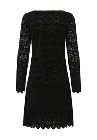 Rochie din dantelă neagră, cu mâneci lungi, tiv ondulat și modele florale intricate pe întreaga țesătură.