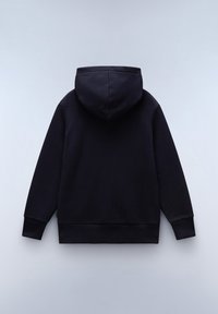 Felpa con cappuccio nera realizzata in un tessuto morbido, caratterizzata da una vestibilità comoda, polsini e orlo a coste, e un design posteriore senza cuciture.