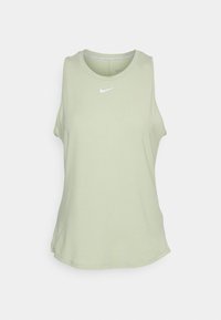 Vihreä, hihaton urheilu paita, joka on valmistettu pehmeästä kankaasta ja siinä on pyöreä pääntie sekä hillitty Nike-logo valkoisena rinnassa.