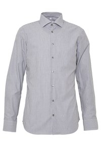 White and navy striped long-sleeve shirt with a button-down collar, front buttons, and single-button cuffs. Smooth fabric texture.