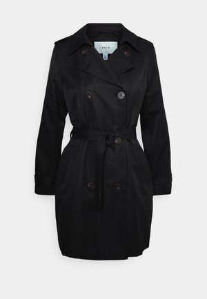 Trench-coat noir croisé avec ceinture, manches longues, col à revers et pattes d'épaule boutonnées.