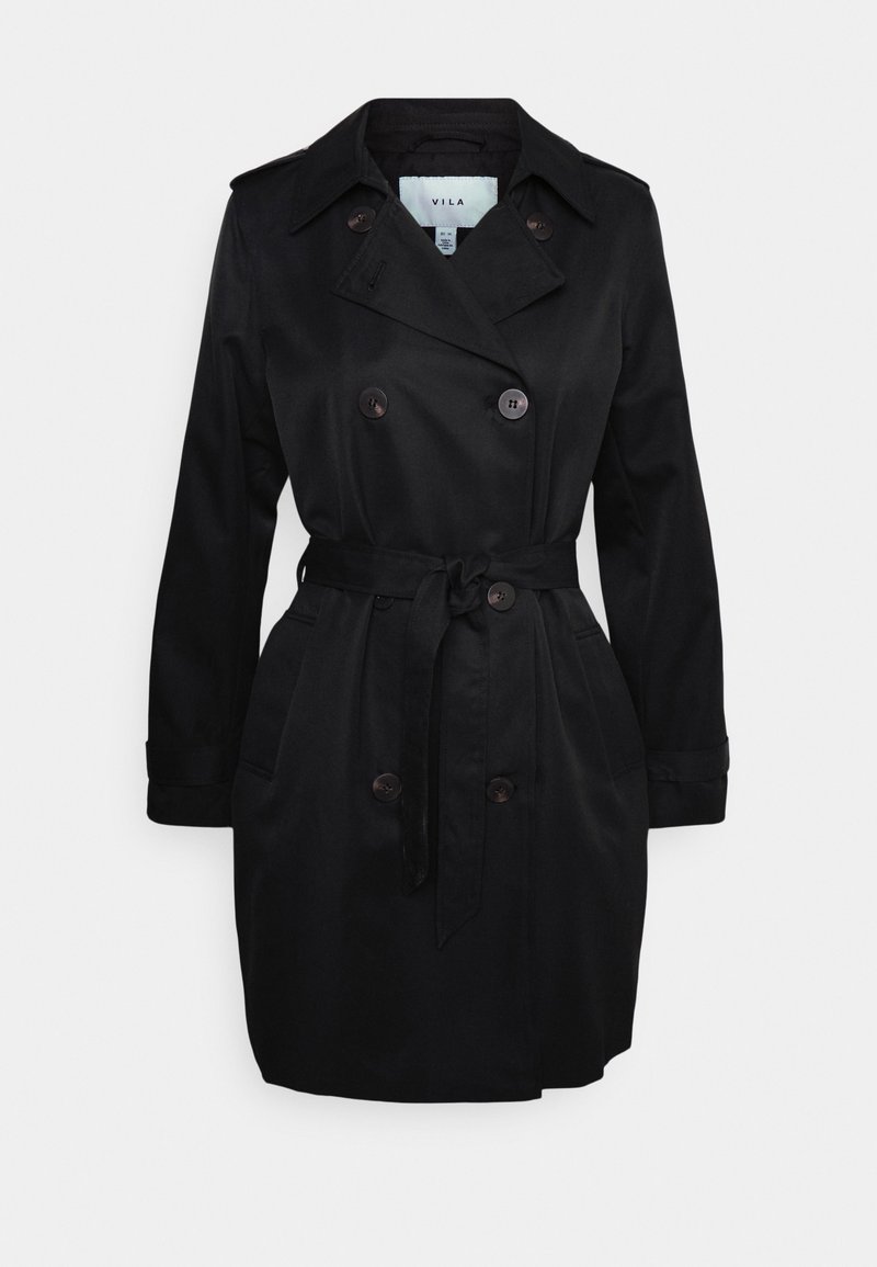 Trench-coat noir croisé avec ceinture, manches longues, col à revers et pattes d'épaule boutonnées.