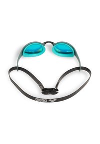 Gafas de natación Arena con lentes turquesa, marco gris y correa ajustable negra con logotipo. Diseñadas para la comodidad y el rendimiento.