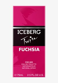 Fuchsia förpackning för Iceberg Twice doft. Har svarta accenter med vit text, inklusive "FÖR HENNE" och detaljer på flera språk.
