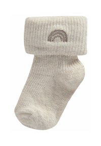 Ribbade, krämfärgade strumpor med en vikt krage och broderad brun regnbågsdetalj. Tillverkad av texturerat stickat material.