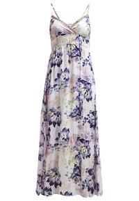 Robe longue fleurie avec des fleurs violettes, jaunes et roses, bretelles fines, encolure en V et taille ajustable par cordon.