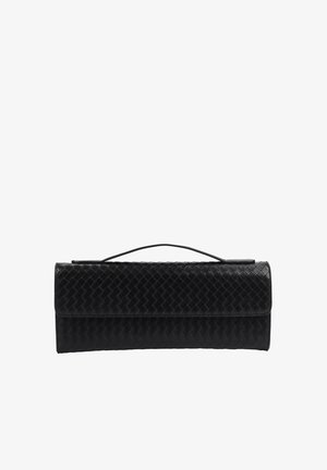 Schwarze Clutch aus gewebtem Leder mit einem oberen Griff und rechteckiger Form, gestaltet für die Handhabung.