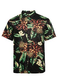 Schwarzes T-Shirt mit kurzen Ärmeln und einem lebhaften tropischen Muster mit Ananas, grünen Blättern und weißen Blumen; aus glattem, leichtem Stoff gefertigt.