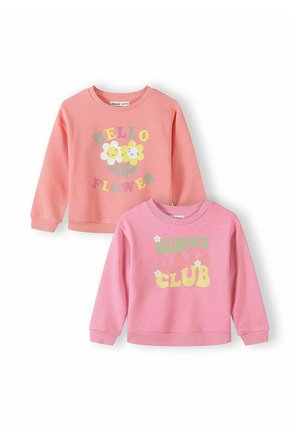 Dwie różowe bluzy dziecięce, jedna z napisem "HELLO FLOWER" i uśmiechniętymi kwiatami, druga z napisem "SUNNY CLUB" i małymi grafikami kwiatów.