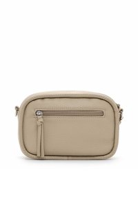 Borsa a tracolla in pelle beige con finitura testurizzata, tasca anteriore con zip e tracolla regolabile. Forma rettangolare con angoli arrotondati.