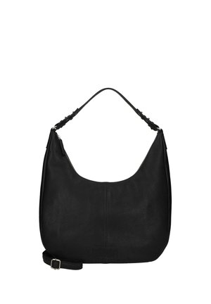 Schwarze Leder-Hobo-Tasche mit gebogenem oberen Rand, einem einzelnen Schulterriemen und einem abnehmbaren, verstellbaren Umhängegurt mit silberner Schnalle.